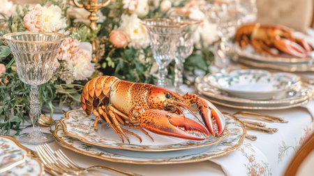 A stunning lobster elegantly presented on a fine dining table, surrounded by floral arrangements and glassware. Perfect for gourmet events or celebrations.の素材