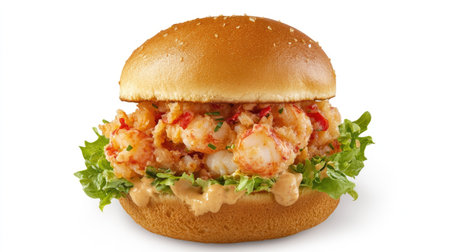 A tempting seafood sandwich featuring a perfectly toasted bun, fresh lettuce, and a creamy sauce, ideal for a quick meal or snack satisfaction.の素材