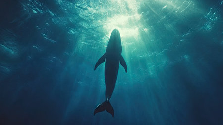 A stunning silhouette of a whale gliding effortlessly through sparkling ocean waters, illuminated by soft beams of sunlight. An inspiring marine scene.の素材