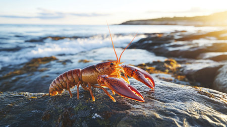 A lobster perched on a rock at the ocean shore during sunset, showcasing its vibrant colors against the backdrop of gentle waves and a tranquil sky.の素材