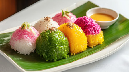 A vibrant assortment of colorful sticky rice desserts served on a leafy plate with a sweet coconut sauce, perfect for festive occasions and culinary exploration.の素材