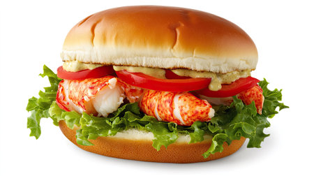 A mouthwatering lobster sandwich featuring succulent lobster, fresh lettuce, ripe tomato, and a soft bun, perfect for a casual meal or special occasion.の素材