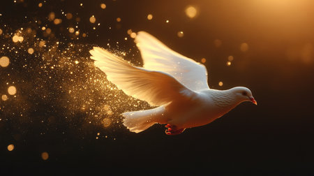 A serene white dove glides gracefully through a golden-lit backdrop, symbolizing peace and freedom in nature. The soft light highlights its delicate wings, creating a magical atmosphere.の素材
