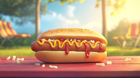 A vibrant hot dog topped with mustard and ketchup sits on a table in a sunny garden, perfect for summer picnics and outdoor gatherings.の素材
