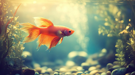A vibrant goldfish glides gracefully through a serene aquarium, surrounded by lush plants and smooth stones, showcasing the beauty of aquatic life.の素材