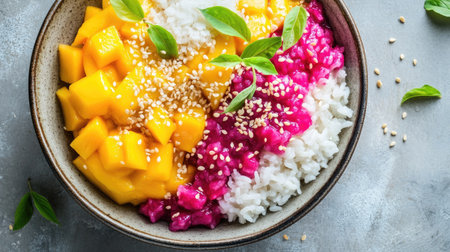 A vibrant bowl featuring fresh mango, dragon fruit, and coconut rice, garnished with sesame seeds and herbs. Perfect for healthy dessert options.の素材