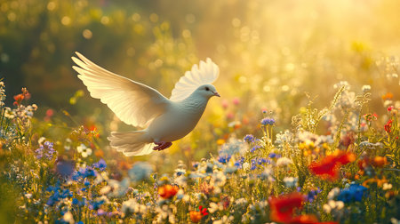 A beautiful bird glides gracefully over a vibrant flower field, capturing the essence of natureの素材