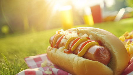 A closeup of a delicious hot dog topped with mustard, ketchup, and relish on a picnic blanket, evoking a warm summer day filled with joy.の素材