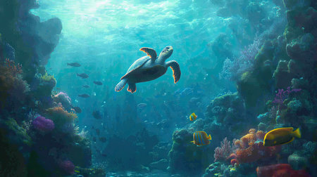 Discover a beautiful underwater scene featuring a sea turtle gliding through vibrant coral reefs and diverse fish, showcasing marine life in a tranquil aquatic habitat.の素材