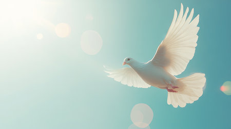 A stunning white bird glides gracefully through a clear blue sky, symbolizing peace and freedom. The sunlight enhances the serene atmosphere of this beautiful moment in nature.の素材