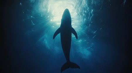 A mesmerizing silhouette of a dolphin swimming gracefully beneath the water's surface, illuminated by sunlight filtering through the ocean depths.の素材