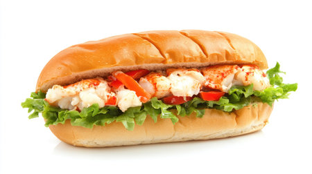 A delicious lobster roll featuring fresh lobster, crisp lettuce, and ripe tomatoes in a soft bun. Perfect for summer picnics or casual dining.の素材