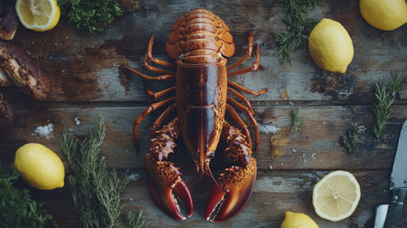A stunning top view of a fresh lobster surrounded by herbs and lemons on a rustic wooden table, perfect for culinary enthusiasts and gourmet meal preparation.の素材