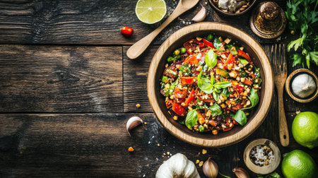A vibrant salad filled with fresh vegetables and herbs, beautifully presented in a wooden bowl on a rustic table. Perfect for healthy meals and cooking inspiration.の素材