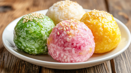 A plate of colorful glutinous rice balls showcasing vibrant hues and topped with sesame seeds. Perfect for desserts or festive occasions.の素材