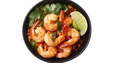 Savor a delicious shrimp dish beautifully presented with lime and cilantro. Perfect for seafood lovers seeking fresh culinary inspiration and vibrant flavors.の素材