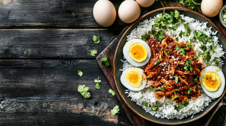This vibrant bowl features tender chicken served on a bed of rice, garnished with fresh herbs and boiled eggs. A perfect dish for any meal.の素材