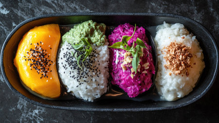 A beautifully arranged bowl featuring colorful rice dishes topped with unique ingredients. Perfect for showcasing vibrant Asian cuisine and gourmet flavors.の素材