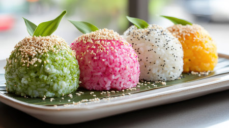 Vibrant and colorful rice balls served on a decorative plate, garnished with sesame seeds and leaves. Perfect for showcasing culinary creativity and style.の素材