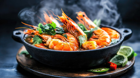 A vibrant shrimp stew rich with spices and fresh herbs, featuring succulent shrimp, lime, and a hint of smoke. Perfect for culinary enthusiasts seeking bold flavors.の素材