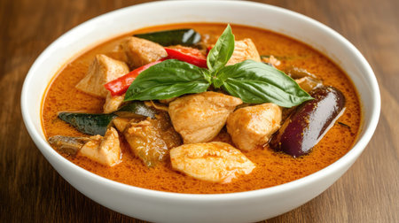 A vibrant bowl of spicy chicken curry featuring tender pieces of chicken, fresh basil, and red chili peppers. Perfect for an exotic meal.の素材