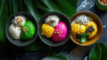 A vibrant display of colorful Asian desserts featuring coconut rice topped with dragon fruit and mango, perfect for a fresh, healthy snack or treat.の素材