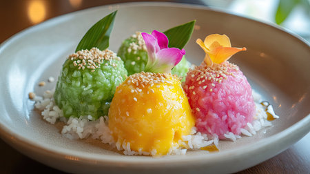 This vibrant Thai dessert features colorful rice balls on a bed of coconut rice, garnished with edible flowers, embodying the essence of tropical flavors.の素材