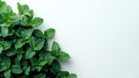 A fresh mint plant with vibrant green leaves against a clean white background. Perfect for showcasing natural beauty and culinary ingredient use.の素材