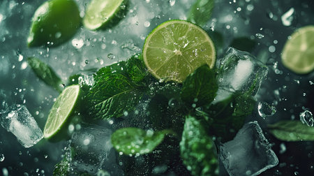 A captivating close-up of a mojito drink, featuring fresh mint, lime slices, and ice. The dynamic splash conveys refreshment and summer vibes perfect for any culinary display.の素材