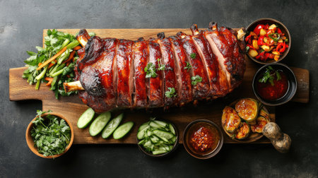 A stunning Cantonese-style roasted pork dish artfully presented with fresh herbs, vegetables, and dipping sauces, perfect for any festive occasion.の素材
