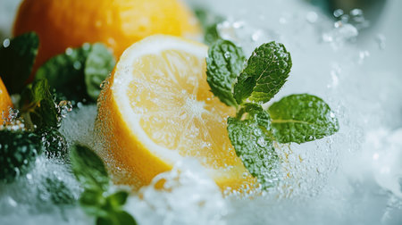 A refreshing close-up of a lemon slice adorned with mint leaves, surrounded by a bubbly water splash, creating a vibrant and captivating image perfect for food and beverage use.の素材