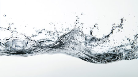 A stunning close-up of ice cubes splashing into clear water, capturing the dynamic motion and refreshing essence of cold, inviting liquid. Perfect for beverage themes.の素材