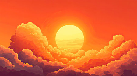 Experience a stunning orange sunset illuminating the sky, with vibrant clouds framing the sun. A perfect scene for nature lovers and art enthusiasts alike.の素材
