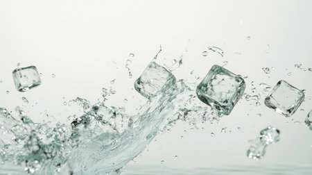 A dynamic splash of ice cubes in clear water creates a refreshing and cheerful composition, perfect for conveying coolness and vitality in visuals.の素材