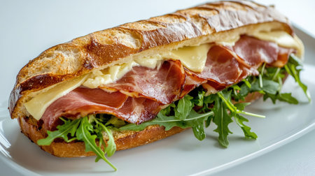 This image features a delicious ham sandwich beautifully presented on a fresh baguette, layered with arugula and cheese, showcasing its vibrant textures and flavors.の素材