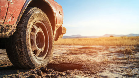 A close-up view of a flat tire on an old car, set against a rustic landscape. The scene captures the essence of adventure and the challenges of travel. Perfect for themes of abandonment and repair.の素材
