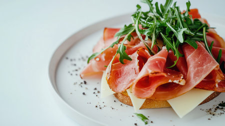 A close-up view of a delicious ham sandwich topped with fresh arugula, emphasizing the vibrant colors and appetizing textures for culinary inspiration.の素材