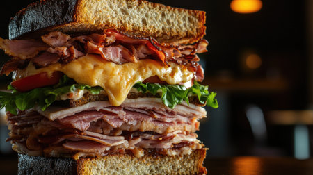 A mouthwatering close-up shot of a towering deli sandwich loaded with savory meats, creamy cheese, fresh lettuce, and juicy tomatoes, perfect for food lovers.の素材
