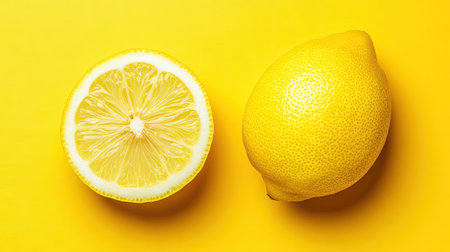 Discover the freshness of lemons with this vibrant image featuring a whole lemon and a sliced half on a bright yellow background. Perfect for food themes.の素材