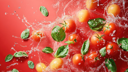 Capture the essence of freshness with vibrant tomatoes splashing in water, complemented by fresh basil. Ideal for culinary, health, and gardening themes.の素材