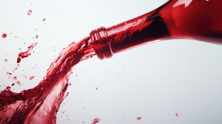 A dynamic image of red wine pouring from a bottle, capturing the vibrant splash and movement against a clean white background. Perfect for beverage-related themes.の素材