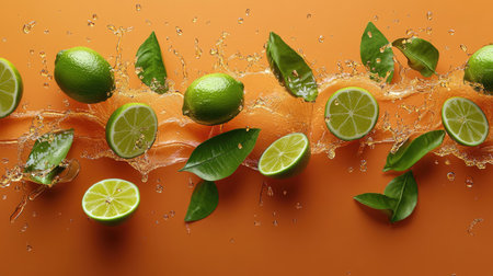 This captivating image features vibrant limes and refreshing splash effects against an orange backdrop, perfect for food-related themes and culinary creativity.の素材