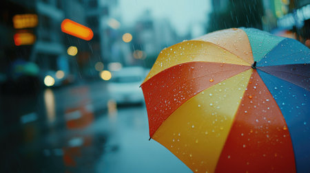 A vibrant umbrella showcases raindrops in a lively urban scene. The colorful design contrasts with the wet, reflective street, creating a serene atmosphere.の素材