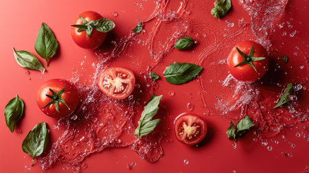 This stunning image features fresh tomatoes and basil leaves artistically arranged on a vibrant red background. The splash of water adds a dynamic touch, making it perfect for culinary-themed projects.の素材