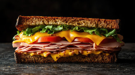 A beautifully crafted deli sandwich featuring layers of ham, cheese, lettuce, and tomato. Perfect for showcasing culinary skills and satisfying hunger.の素材