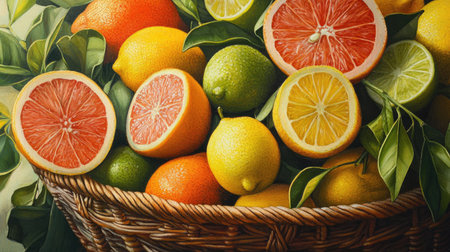 A vibrant assortment of fresh citrus fruits including oranges, lemons, and grapefruits arranged in a rustic wicker basket, showcasing the beauty of nature and healthy living.の素材