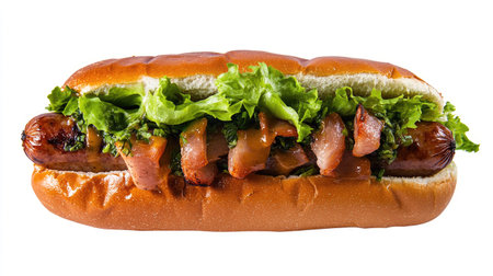 A delicious gourmet hotdog featuring a perfectly grilled sausage topped with crispy bacon and fresh lettuce for an appetizing meal option.の素材