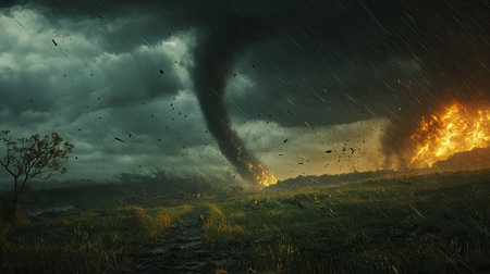 A fierce tornado touches down amidst a dramatic landscape, showcasing the power of nature. Dark clouds swirl as fire ignites nearby, creating a stunning contrast.の素材