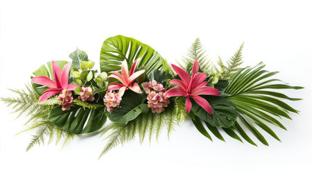 A vibrant floral arrangement featuring tropical leaves and colorful flowers, perfect for decor and design projects. Ideal for nature lovers and event planning.の素材