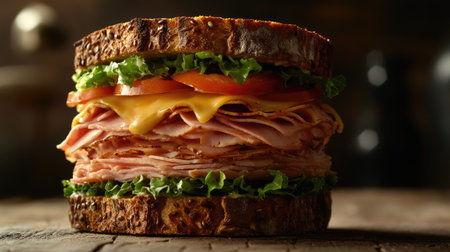 A deliciously crafted deli sandwich featuring layers of ham, cheese, lettuce, and tomato on rustic brown bread, perfect for a hearty meal or snack.の素材